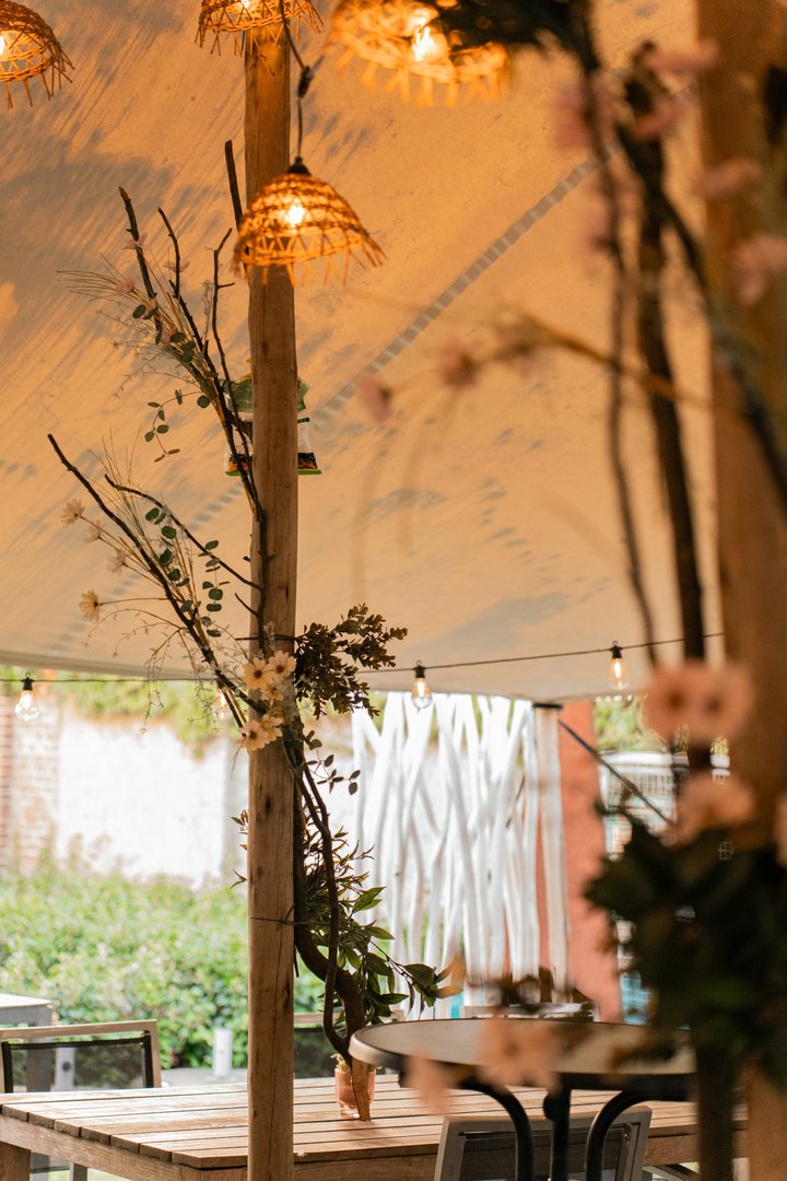 Rustic outdoor dining setup with Edison bulbs and natural materials